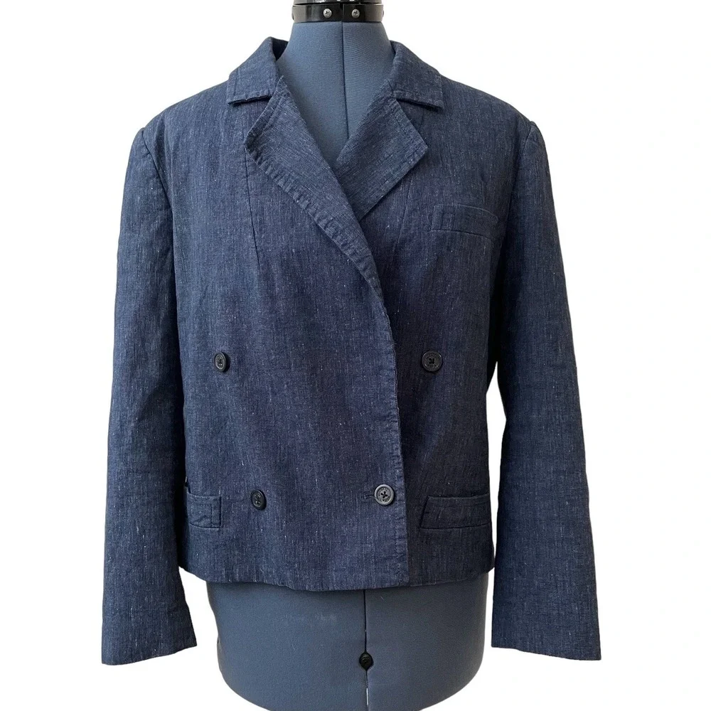 Michael Kors Blue‎ Double Breasted Linen Blend Blazer Jacket Career Preppy 12